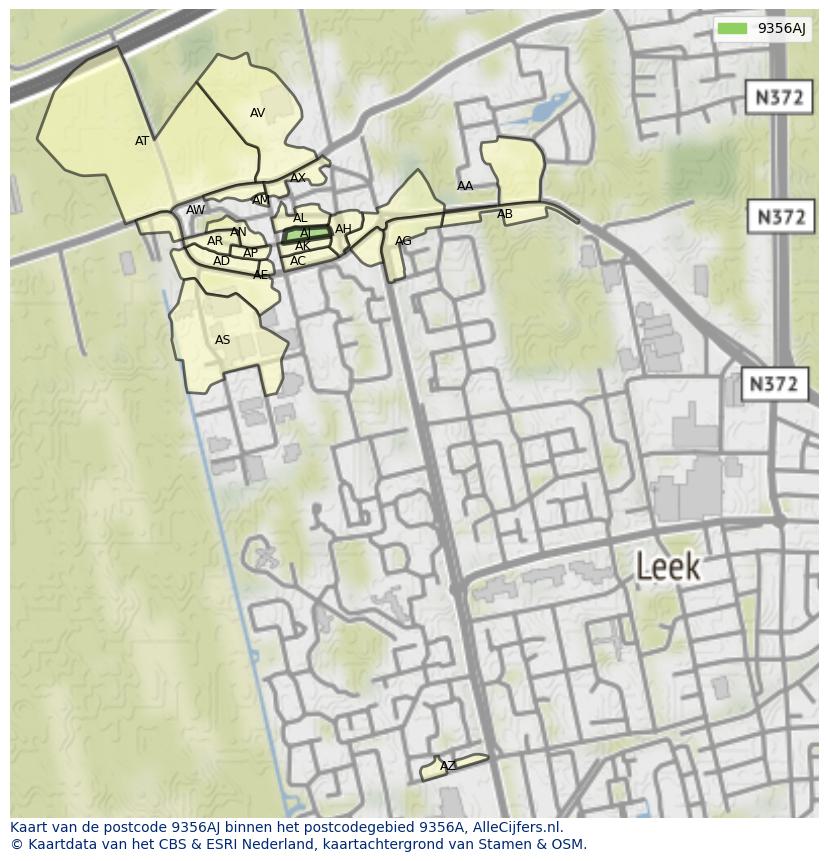 Afbeelding van het postcodegebied 9356 AJ op de kaart.