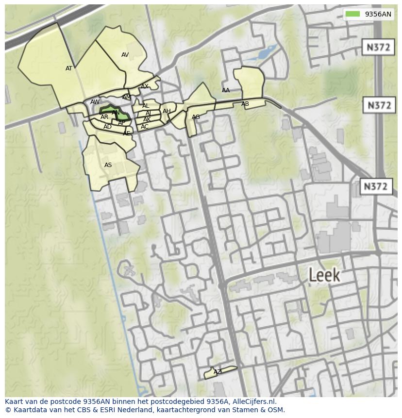 Afbeelding van het postcodegebied 9356 AN op de kaart.