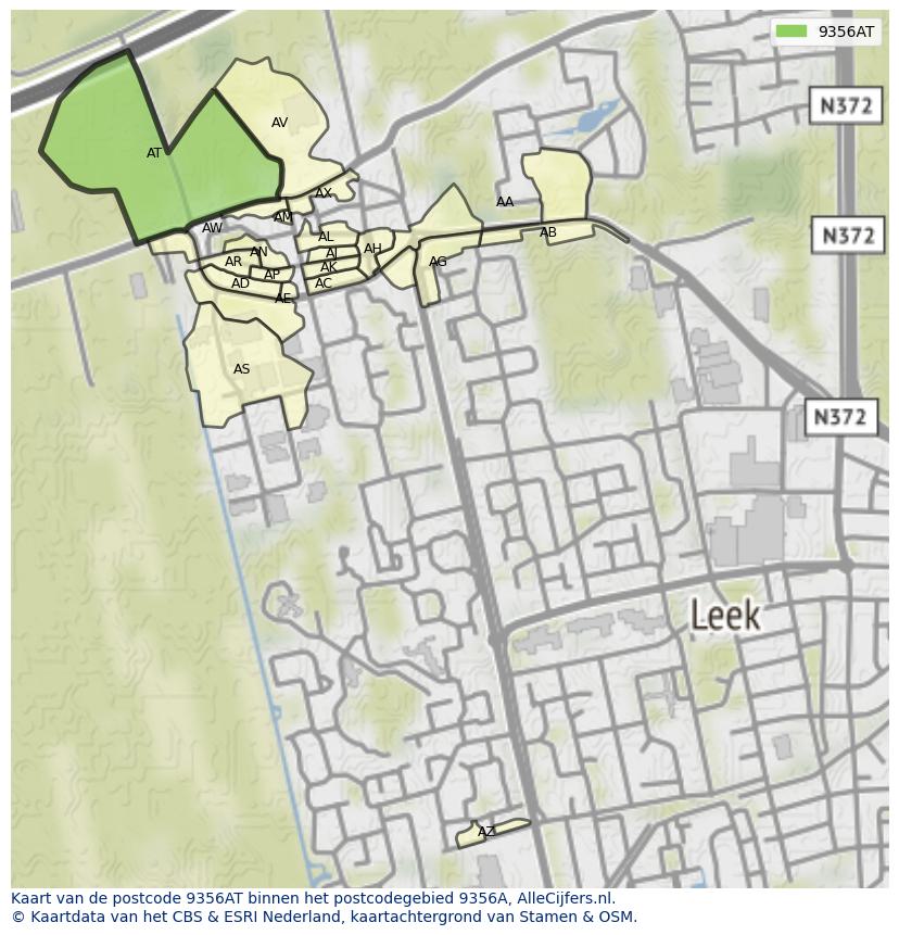 Afbeelding van het postcodegebied 9356 AT op de kaart.