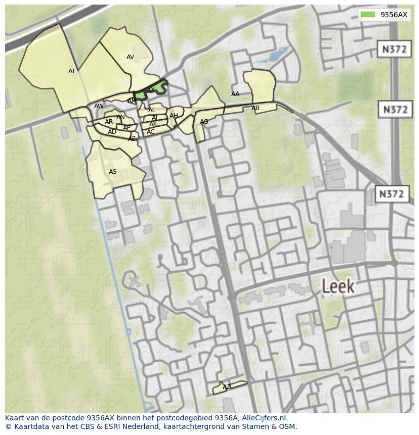 Afbeelding van het postcodegebied 9356 AX op de kaart.