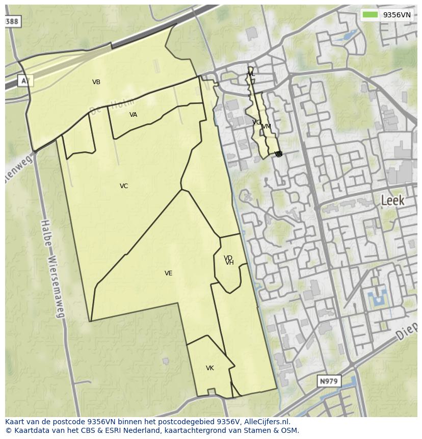 Afbeelding van het postcodegebied 9356 VN op de kaart.