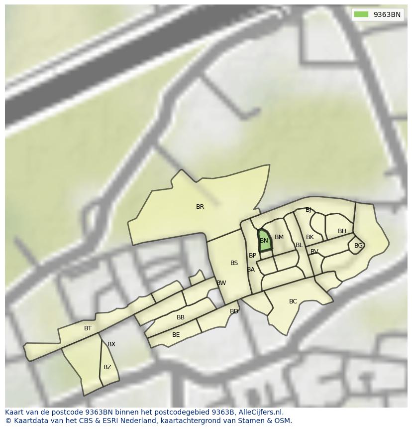 Afbeelding van het postcodegebied 9363 BN op de kaart.