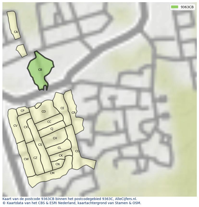 Afbeelding van het postcodegebied 9363 CB op de kaart.