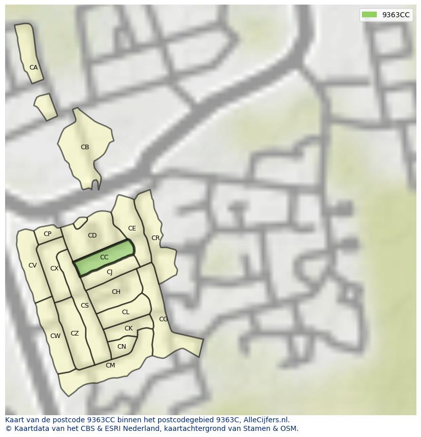 Afbeelding van het postcodegebied 9363 CC op de kaart.