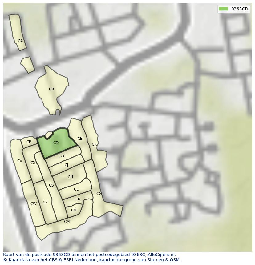 Afbeelding van het postcodegebied 9363 CD op de kaart.