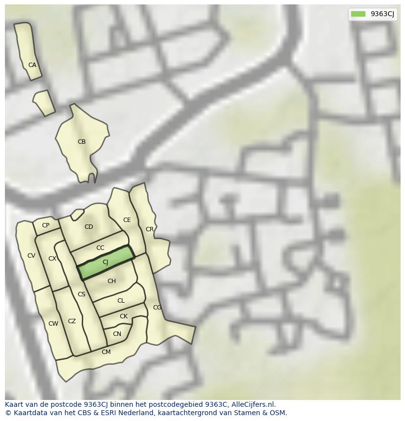 Afbeelding van het postcodegebied 9363 CJ op de kaart.