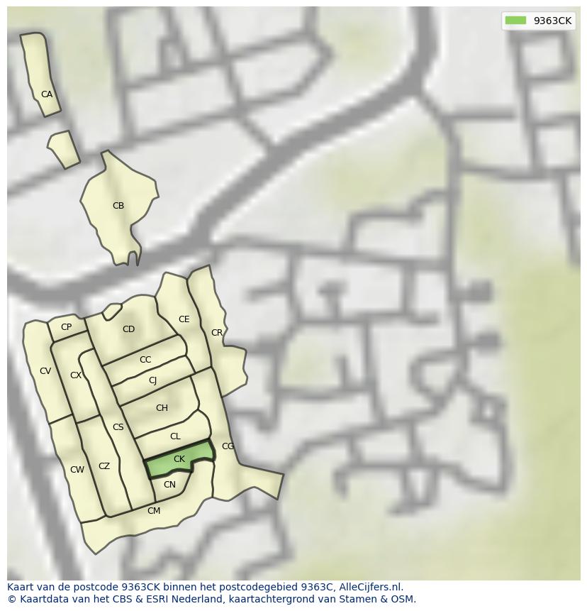 Afbeelding van het postcodegebied 9363 CK op de kaart.