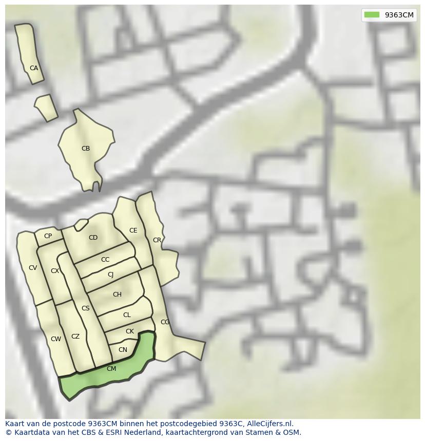 Afbeelding van het postcodegebied 9363 CM op de kaart.