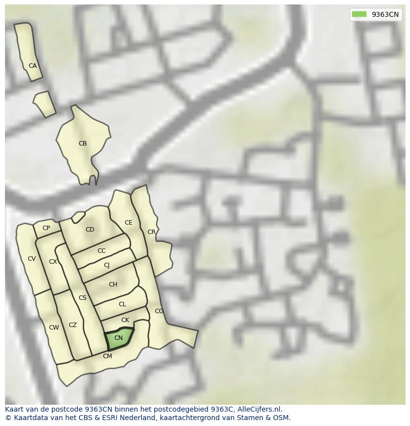 Afbeelding van het postcodegebied 9363 CN op de kaart.