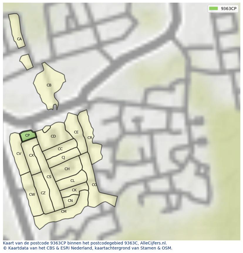 Afbeelding van het postcodegebied 9363 CP op de kaart.