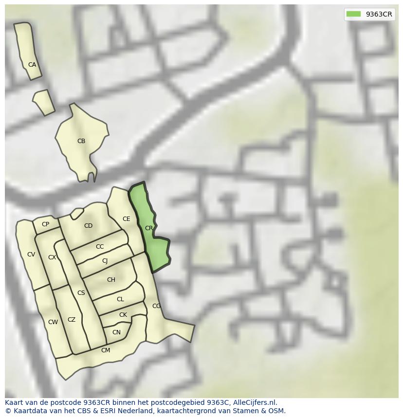 Afbeelding van het postcodegebied 9363 CR op de kaart.