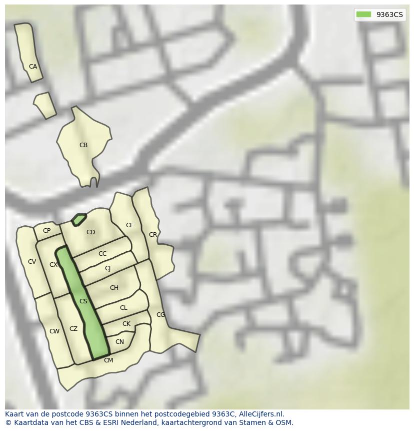 Afbeelding van het postcodegebied 9363 CS op de kaart.