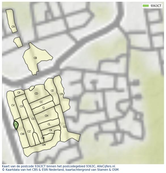 Afbeelding van het postcodegebied 9363 CT op de kaart.