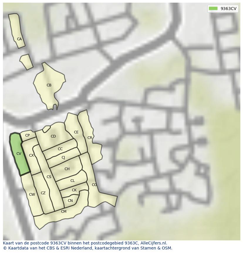 Afbeelding van het postcodegebied 9363 CV op de kaart.