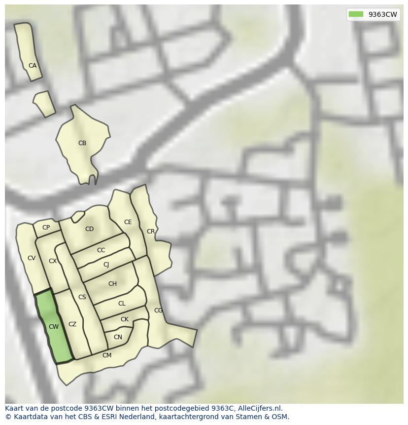 Afbeelding van het postcodegebied 9363 CW op de kaart.