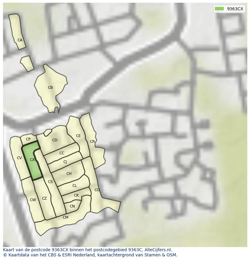Afbeelding van het postcodegebied 9363 CX op de kaart.