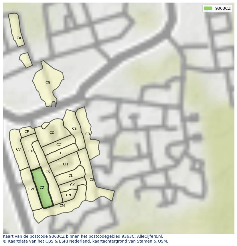 Afbeelding van het postcodegebied 9363 CZ op de kaart.