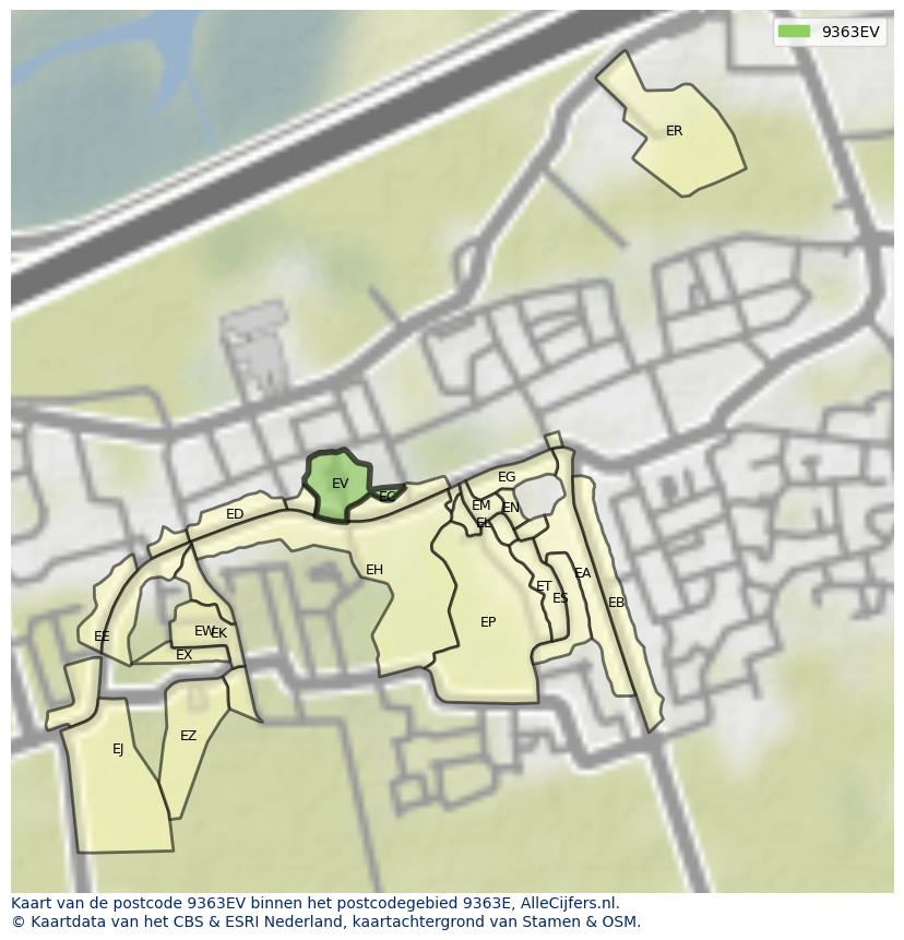 Afbeelding van het postcodegebied 9363 EV op de kaart.