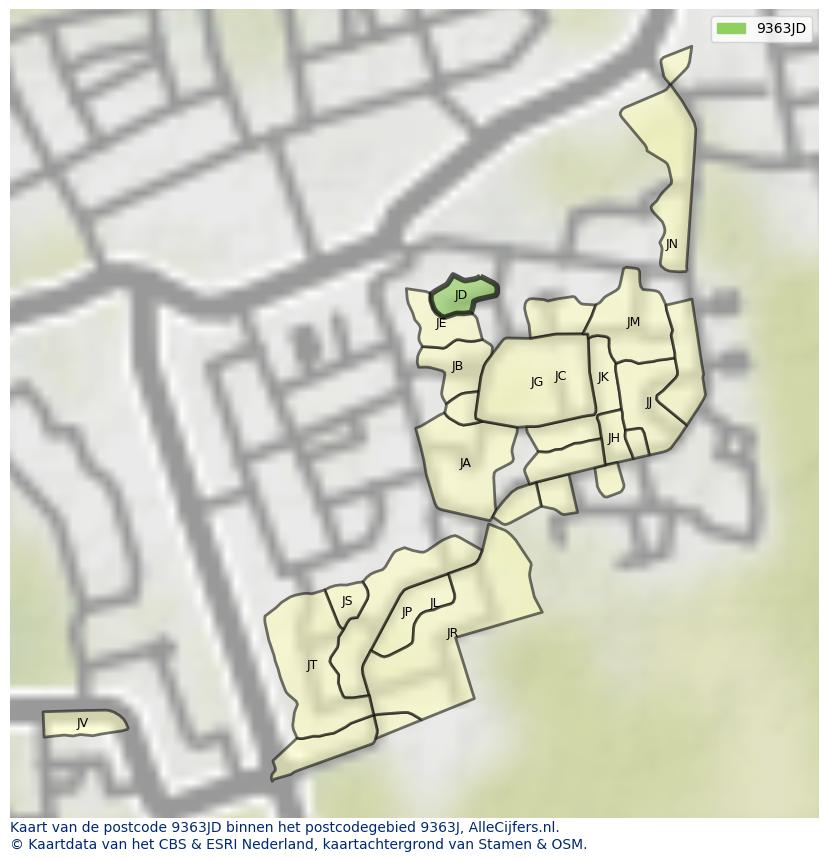 Afbeelding van het postcodegebied 9363 JD op de kaart.