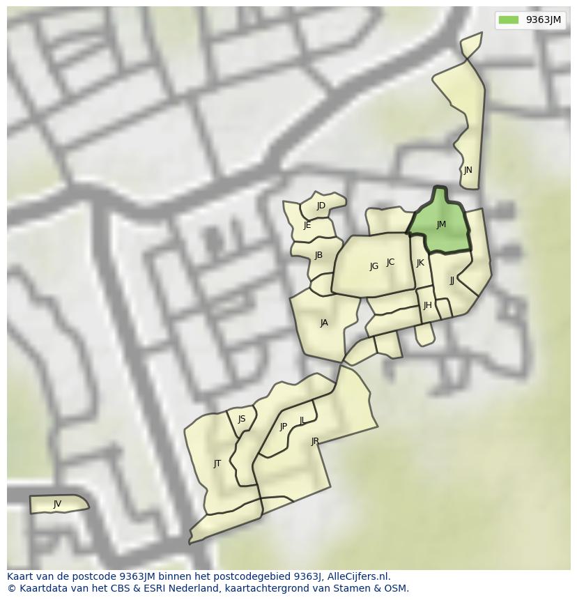 Afbeelding van het postcodegebied 9363 JM op de kaart.