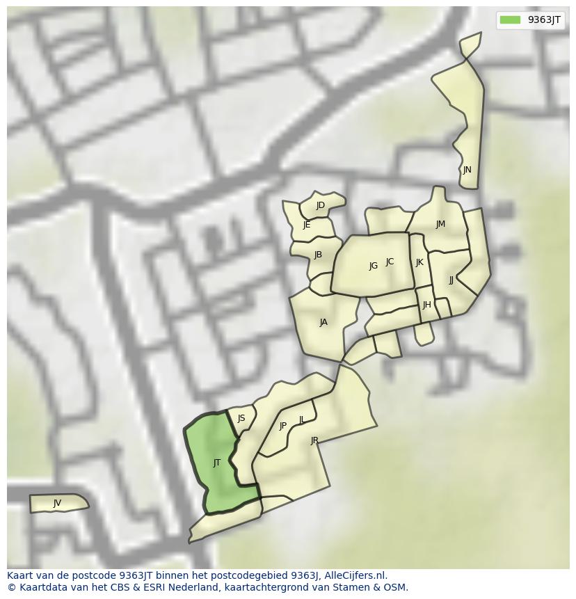 Afbeelding van het postcodegebied 9363 JT op de kaart.