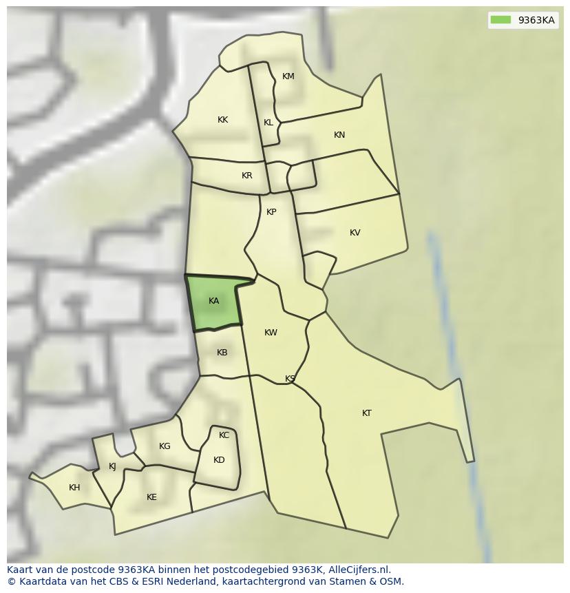 Afbeelding van het postcodegebied 9363 KA op de kaart.