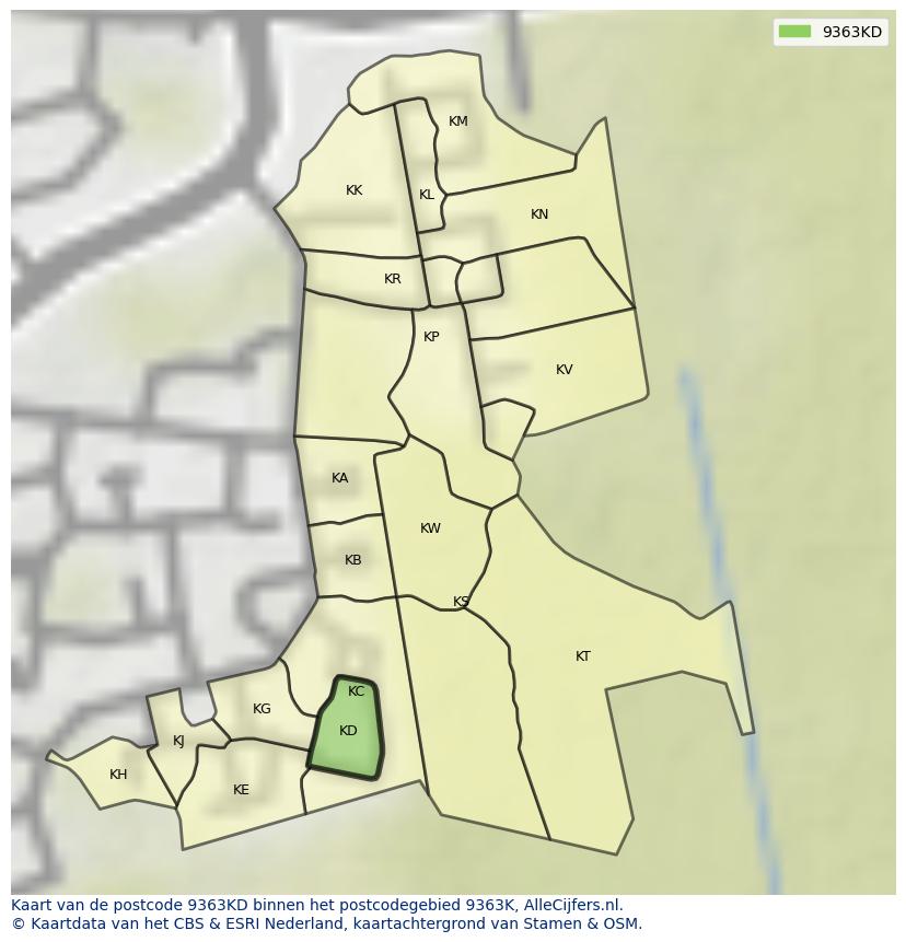 Afbeelding van het postcodegebied 9363 KD op de kaart.