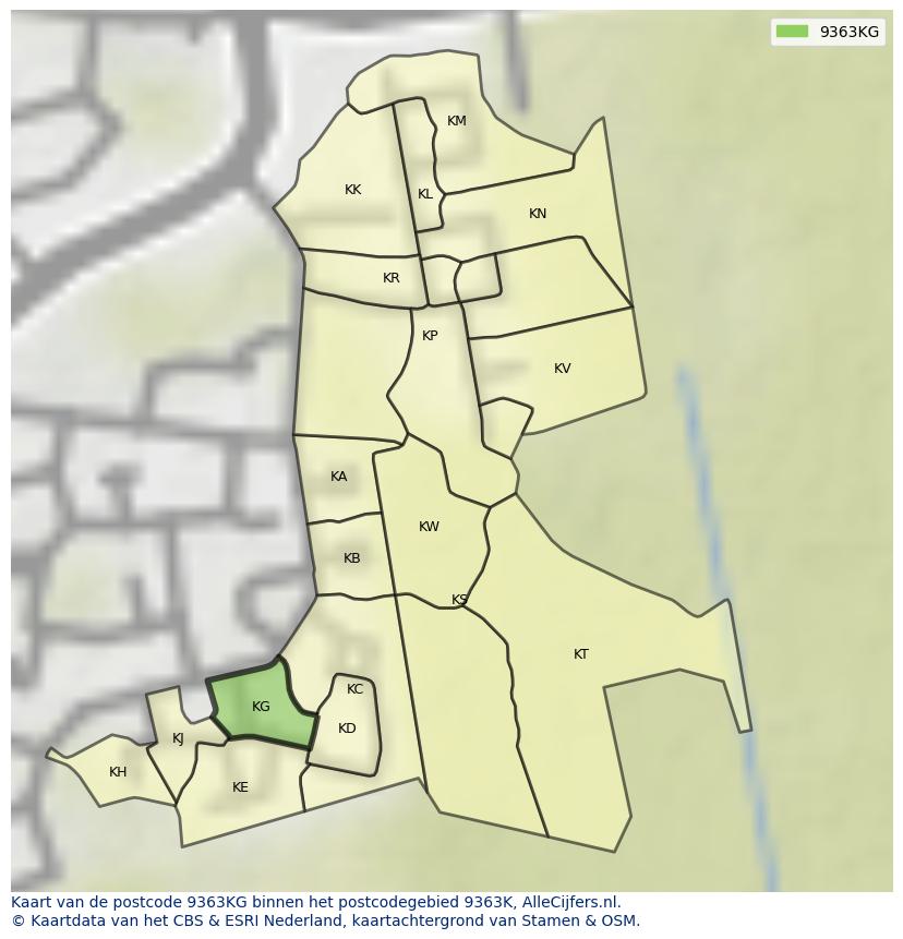 Afbeelding van het postcodegebied 9363 KG op de kaart.