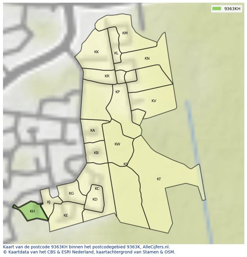 Afbeelding van het postcodegebied 9363 KH op de kaart.