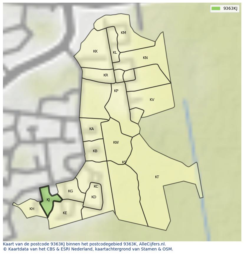 Afbeelding van het postcodegebied 9363 KJ op de kaart.