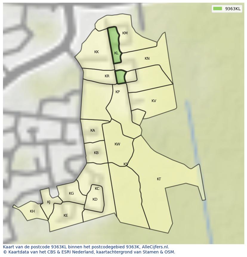 Afbeelding van het postcodegebied 9363 KL op de kaart.