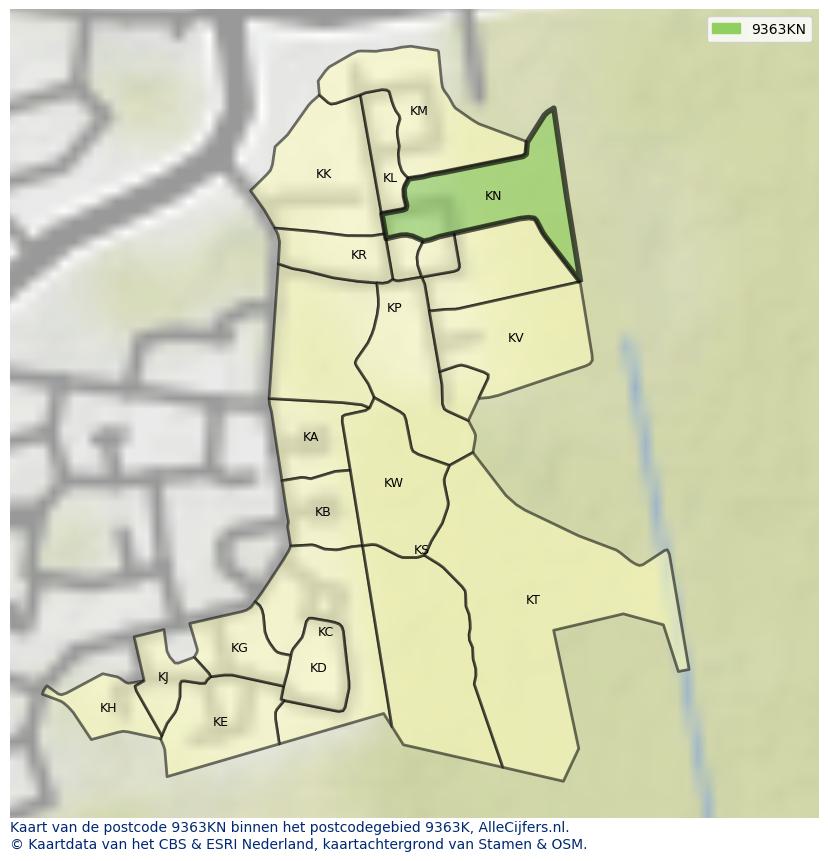 Afbeelding van het postcodegebied 9363 KN op de kaart.