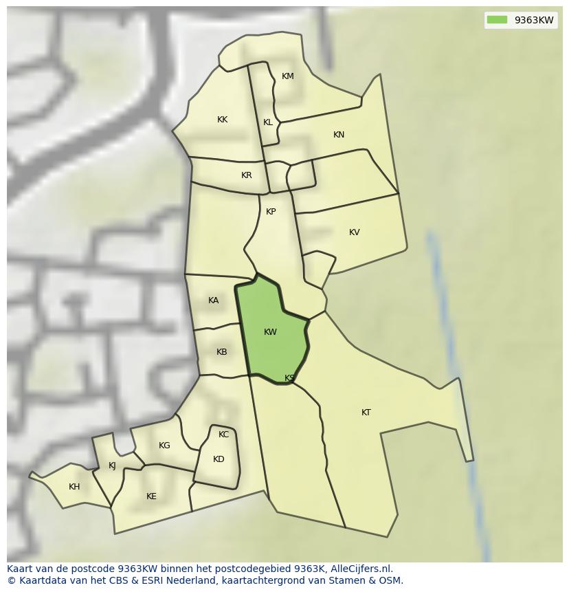 Afbeelding van het postcodegebied 9363 KW op de kaart.