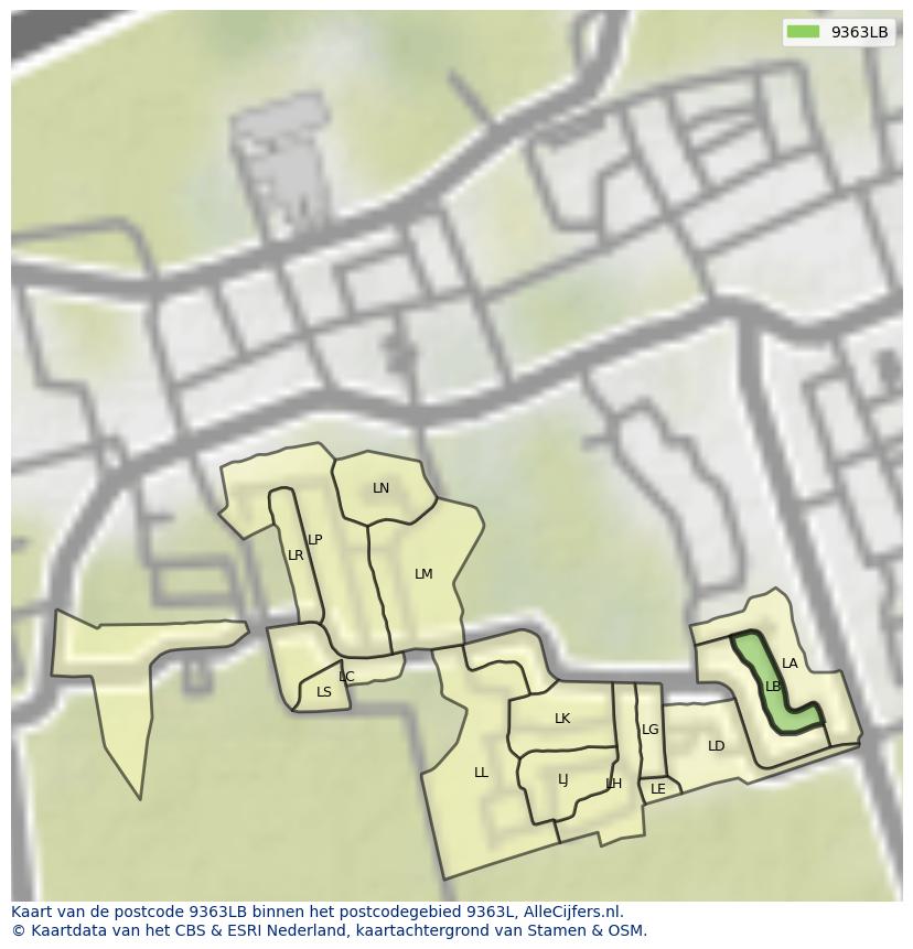 Afbeelding van het postcodegebied 9363 LB op de kaart.