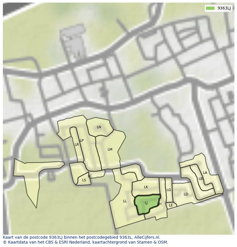 Afbeelding van het postcodegebied 9363 LJ op de kaart.