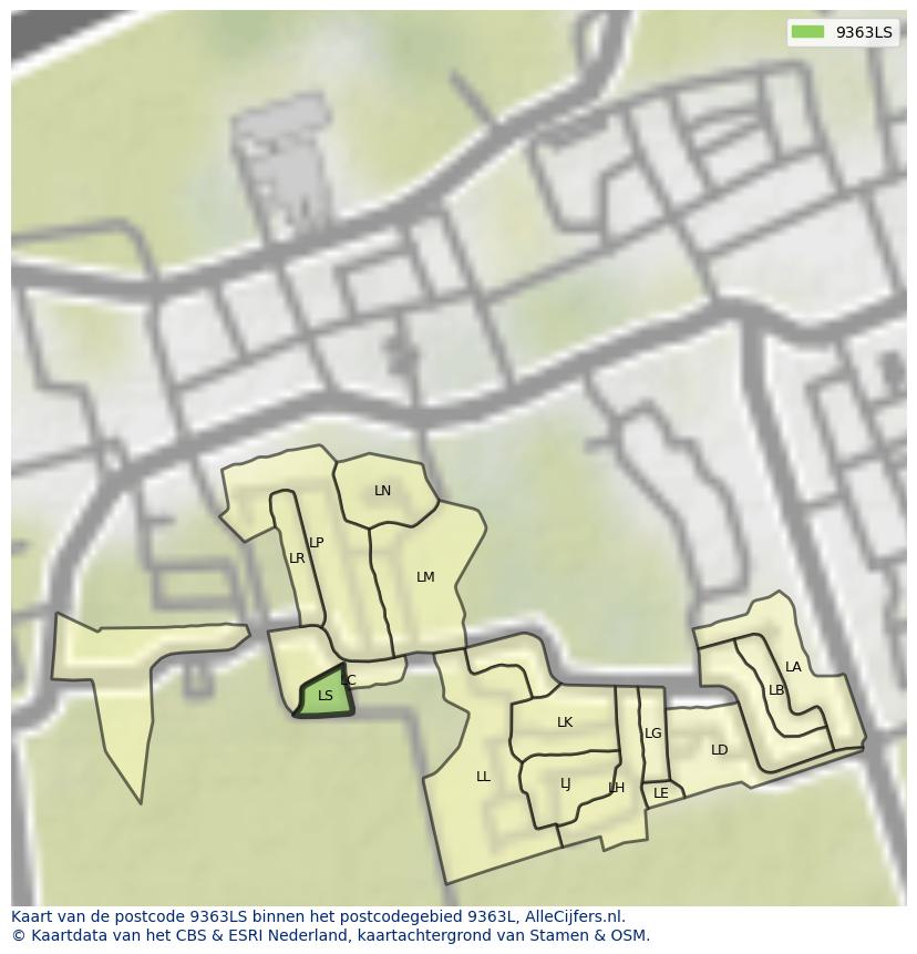 Afbeelding van het postcodegebied 9363 LS op de kaart.