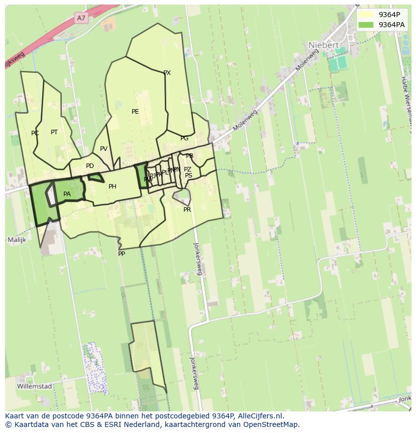 Afbeelding van het postcodegebied 9364 PA op de kaart.