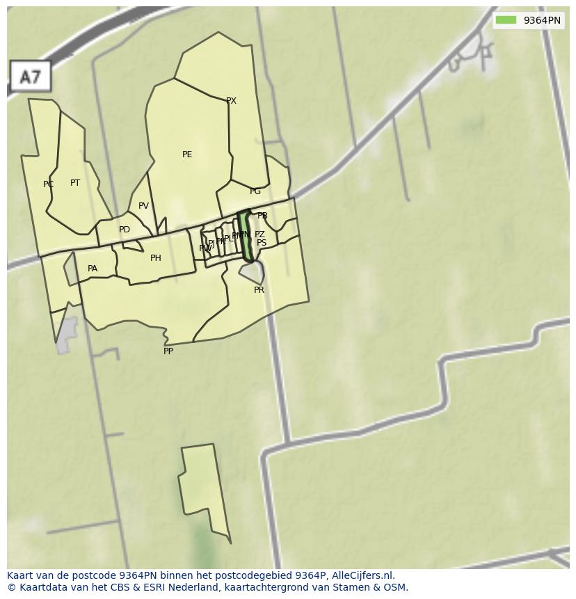 Afbeelding van het postcodegebied 9364 PN op de kaart.