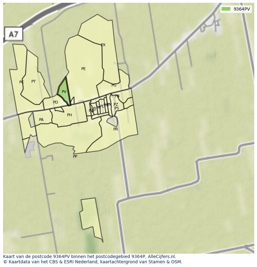 Afbeelding van het postcodegebied 9364 PV op de kaart.