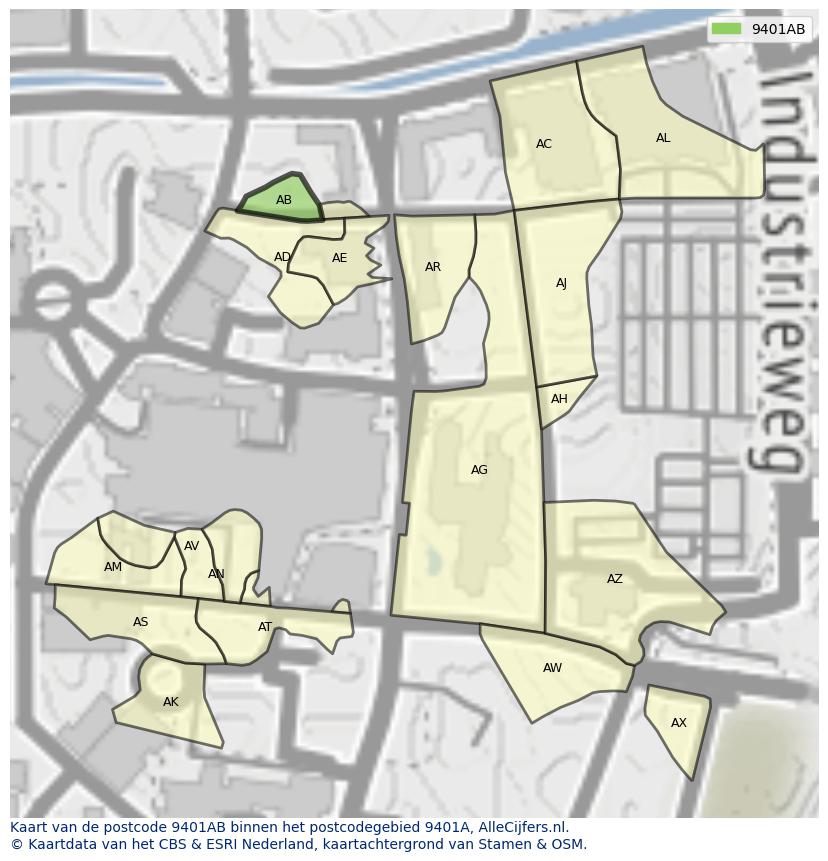 Afbeelding van het postcodegebied 9401 AB op de kaart.