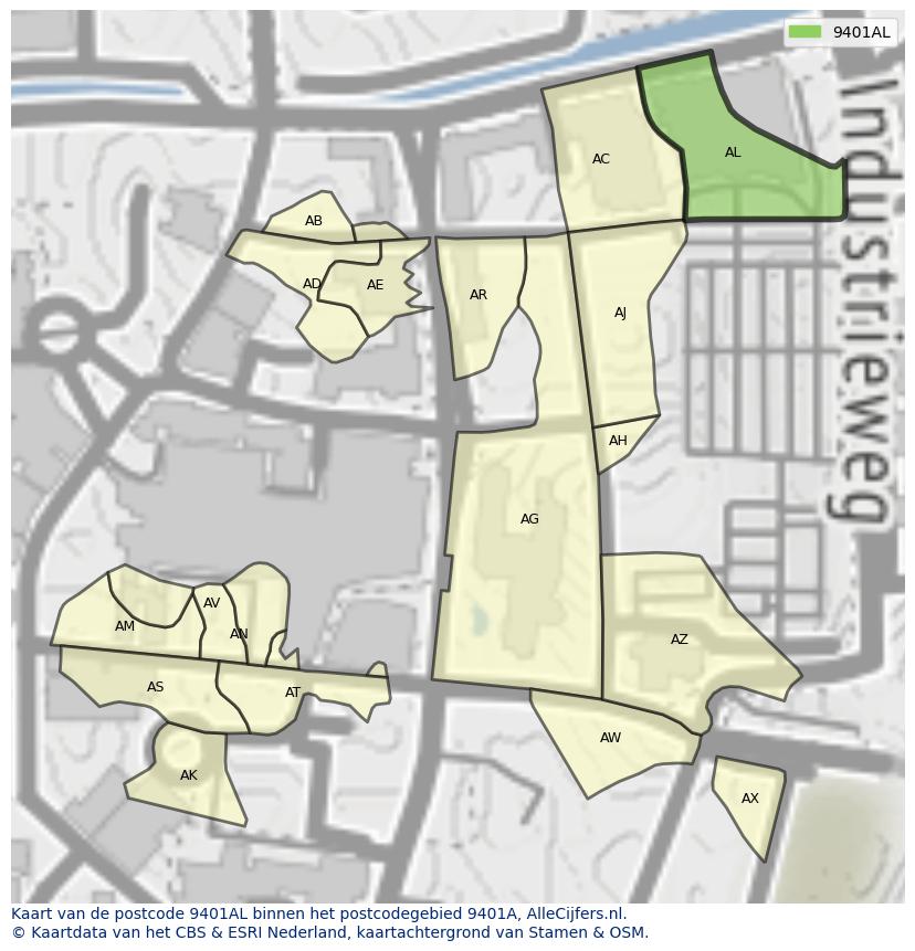 Afbeelding van het postcodegebied 9401 AL op de kaart.