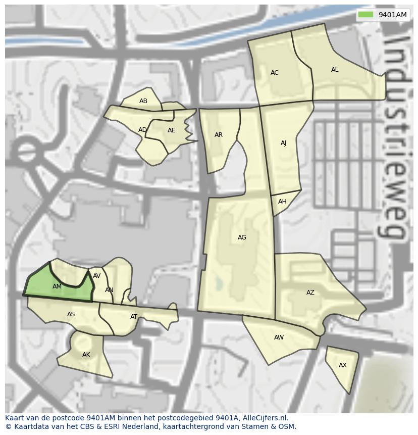 Afbeelding van het postcodegebied 9401 AM op de kaart.