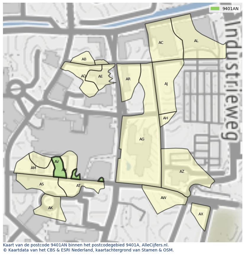 Afbeelding van het postcodegebied 9401 AN op de kaart.