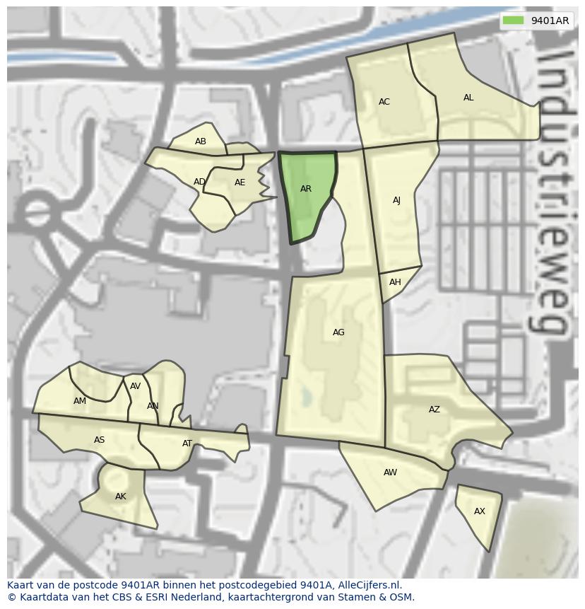 Afbeelding van het postcodegebied 9401 AR op de kaart.