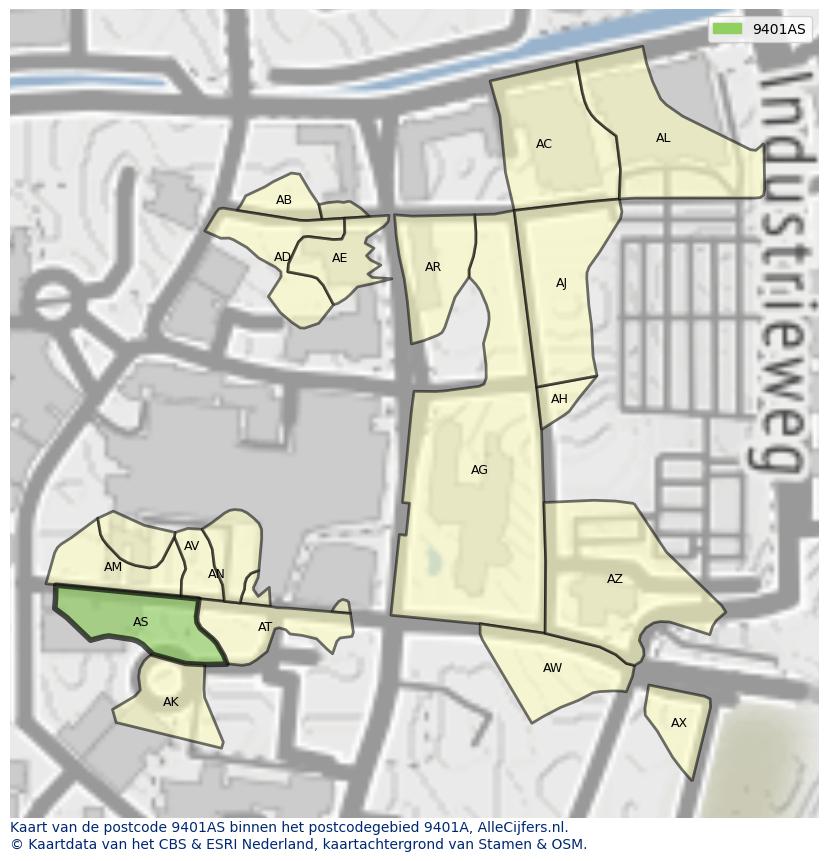 Afbeelding van het postcodegebied 9401 AS op de kaart.