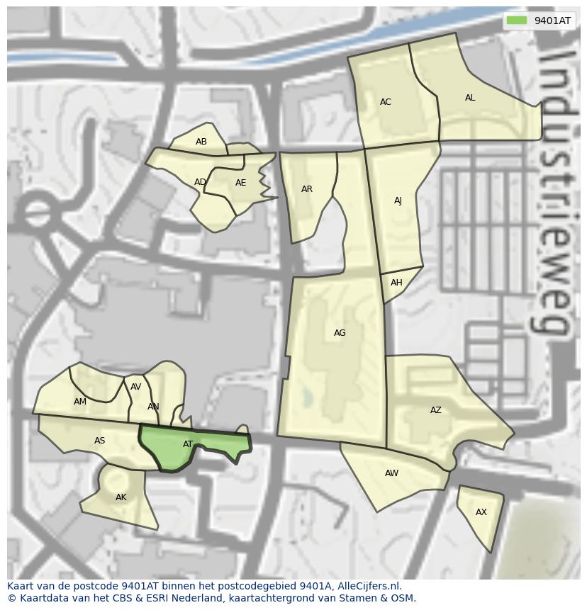 Afbeelding van het postcodegebied 9401 AT op de kaart.