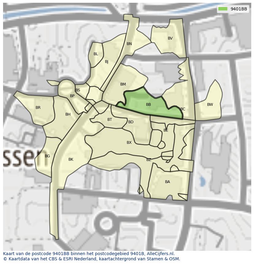 Afbeelding van het postcodegebied 9401 BB op de kaart.