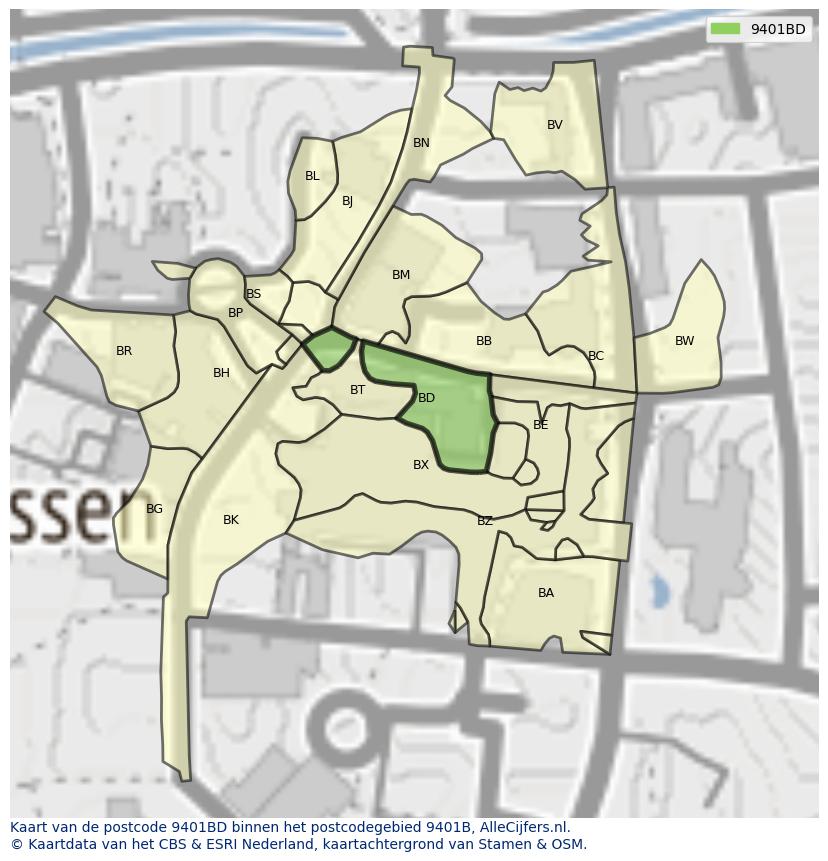 Afbeelding van het postcodegebied 9401 BD op de kaart.