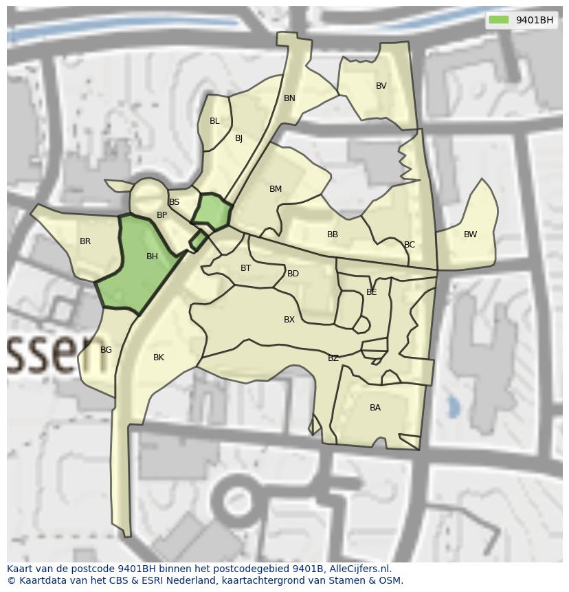 Afbeelding van het postcodegebied 9401 BH op de kaart.