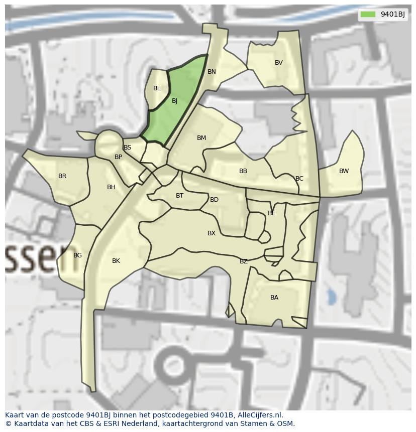 Afbeelding van het postcodegebied 9401 BJ op de kaart.